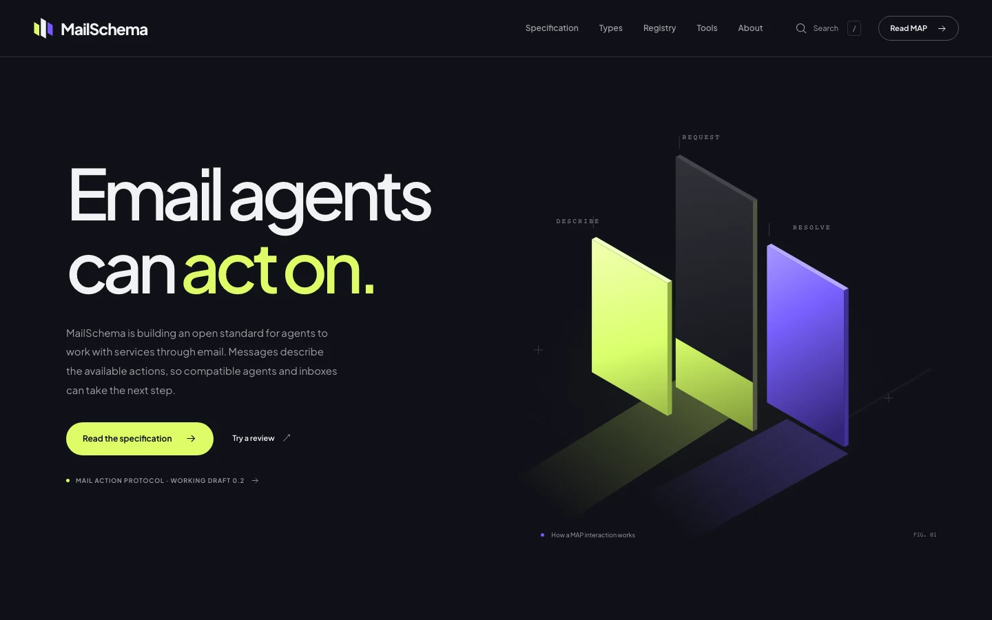 MailSchema’s charcoal, lime, and violet identity illustrating describe, request, and resolve