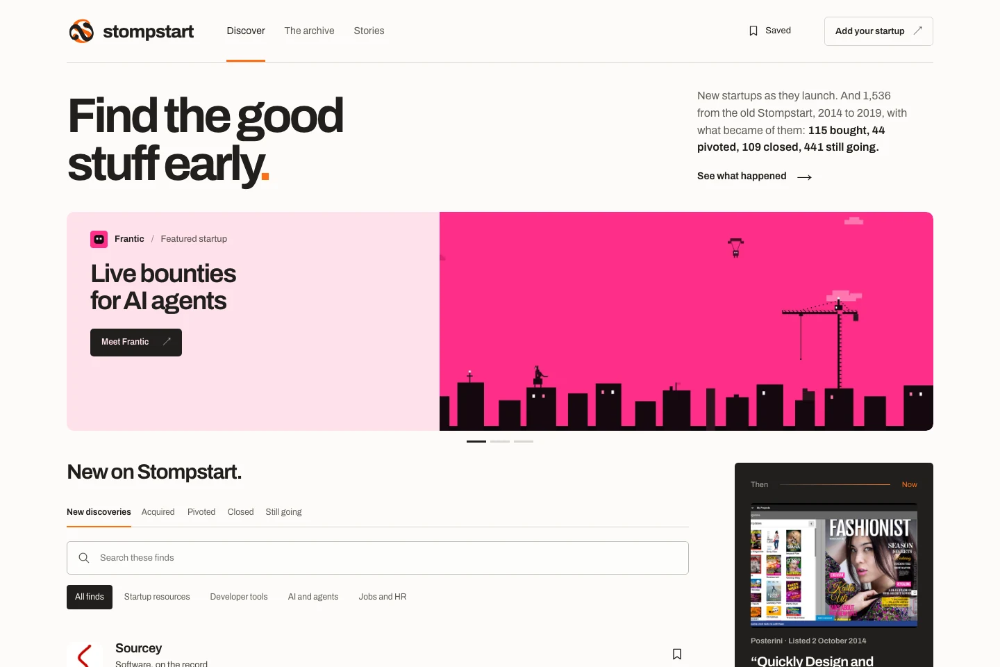 Stompstart’s discovery homepage with its double-S mark, featured Frantic startup, and historical archive