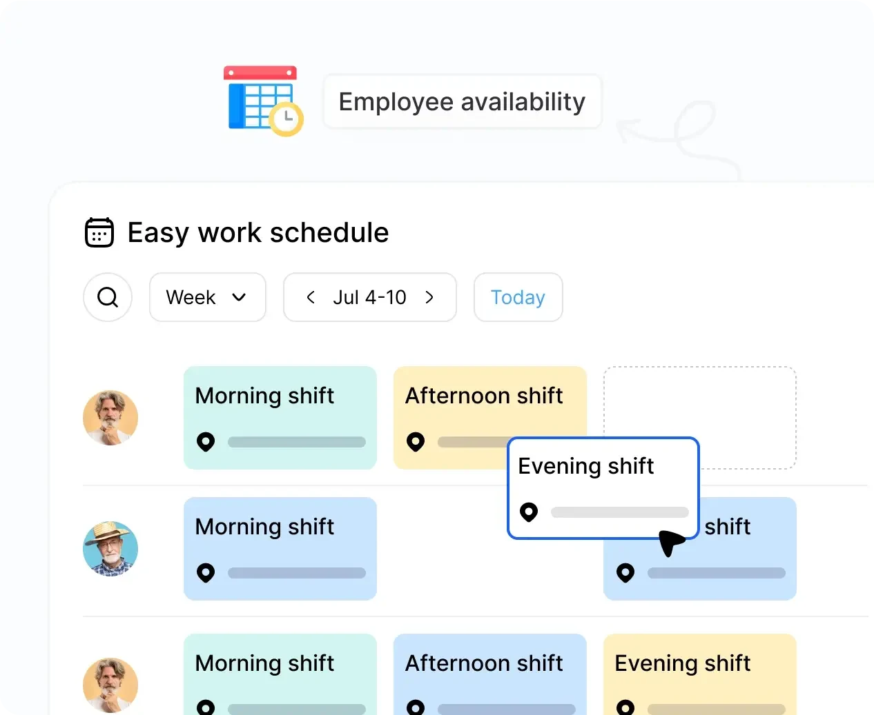 Tommy’s published scheduling illustration with employee availability and morning, afternoon, and evening shifts